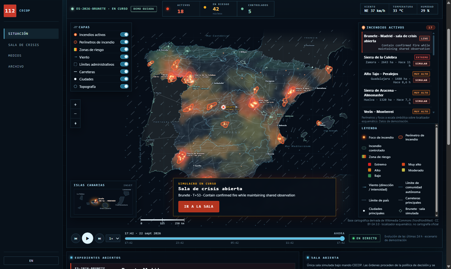 Dashboard CECOP de gestión de incendios para las autoridades: mapa de España con focos activos, perímetros, zonas de riesgo, viento y la sala de crisis de Brunete abierta.